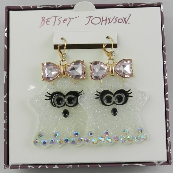 Betsey Johnson Jewelry - Betsey Johnson Halloween Large Ghost with Pink Bow Earrings